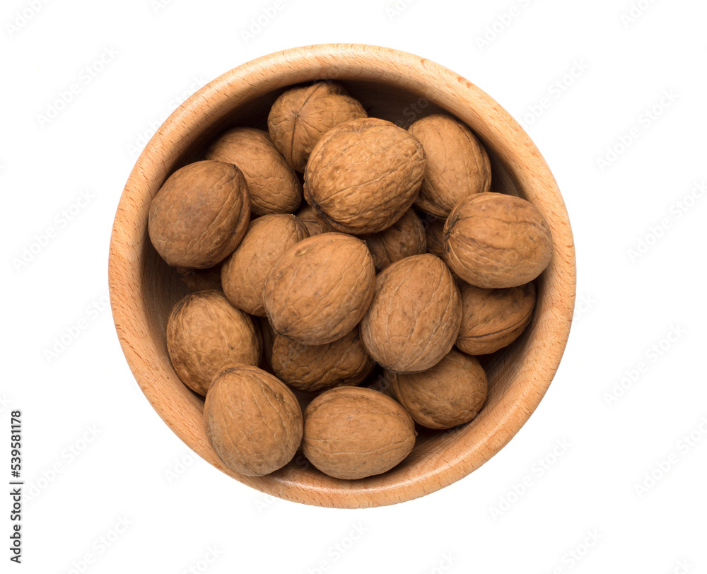 Walnuts with leaves isolated on white, top view Walnuts with leaves isolated on white, top view