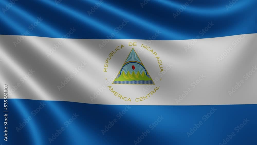 Nicaraguan flag in the wind close-up, the national flag of Nicaragua flutters in 3d, in 4k resolution. High quality 4k footage