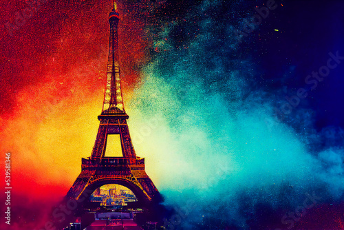 Eiffel Tower of France in an explosion of colored powder. Freeze frame of the movement. Illustration 3d.