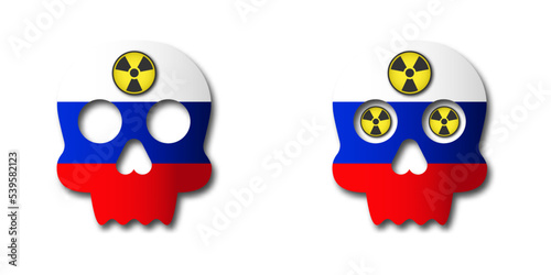 A skull painted in the colors of the Russian flag with a symbol of radiation in the forehead. Nuclear war concept. Flat vector illustration. photo