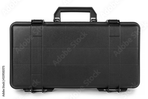 Black rectangular plastic tool box isolated on white background. Hard plastic tool box with handle on white background