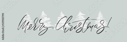 Merry Christmas horizontal greeting card design. Holiday vector illustration with lettering composition and hand drawn chrismas trees silhouettes.