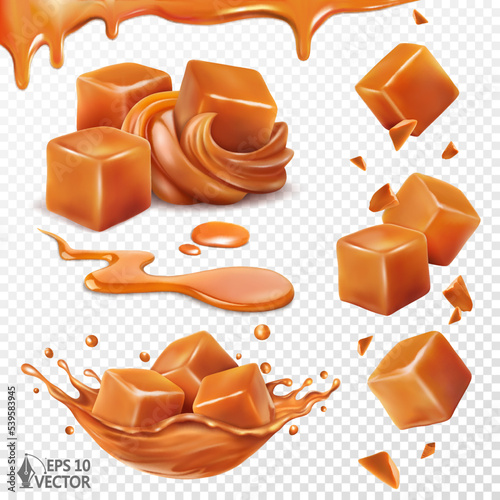 Set with caramel cream, slices and pieces. Liquid caramel splash crown. Falling toffee candies. 3d realistic vector illustration photo