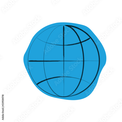 Globe vector sketch icon with water blue blob. Hand drawn Globe icon. Stock vector illustration isolated on white background.