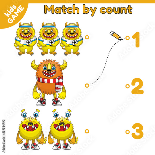Count and match cartoon monsters and numbers. Mathematical educational game for children. Worksheet for kindergarten and school. Vector illustration of a cute cheerful mutants.