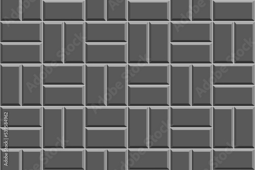 Black basket weave tile seamless pattern. Stone or ceramic brick wall background. Kitchen backsplash or bathroom floor texture. Outdoor or indoor mosaic decoration. Vector flat illustration