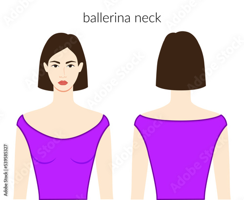 Ballerina neckline clothes character beautiful lady in purple top, shirt, dress technical fashion illustration with fitted body. Flat apparel template front, back sides. Women, men unisex CAD mockup