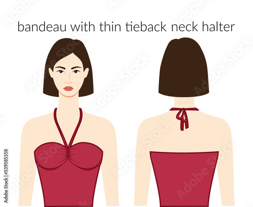 Bandeau with thin tieback neckline halter clothes character beautiful lady in burgundy top, dress technical fashion illustration. Flat apparel template front, back sides. Women, men unisex CAD mockup
