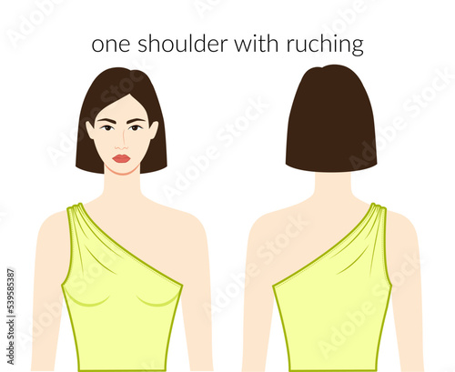 One shoulder with ruching neckline clothes character beautiful lady in yellow top, shirt, dress technical fashion illustration with fitted body. Flat apparel template. Women, men unisex CAD mockup