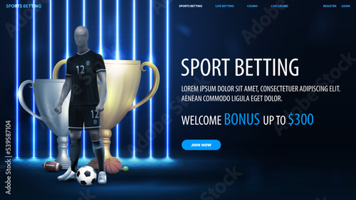 Sports betting, blue banner with vertical blue line neon lamps on background, soccer player, champion cups and sport balls