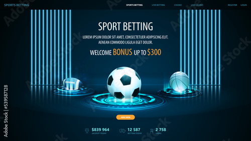 Sports betting, digital banner for website with sport balls on blue hologram digital podiums in dark empty scene