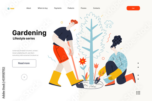 Lifestyle website template - Gardening - modern flat vector illustration of a man and a woman digging and fertilizing a tree. Planting and care gardening activity. People activities concept