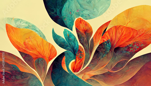 Floral background with soft pastel colors. organic, colorful flowers pattern. Flower illustration with leafs. Beautiful abstract background wallpaper. Pink, orange, blue, peach colors.