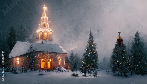 Obraz na płótnie Winter in the village, landscape with big church, christmas decorations