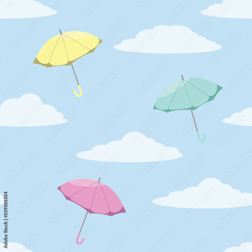 Colored umbrellas and white clouds, seamless vector pattern