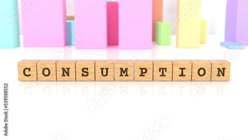 Letters CONSUMPTION engraved on cube wood reflected on the white surface. Business concept. In the back are colorful cuboids in many different shapes.  3D rendering 