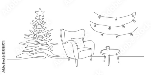 One continuous Line drawing of festive interior with armchair and christmas tree, table and garland. Modern cozy furniture for living room decor in simple linear style. Doodle vector illustration © Olga Rai