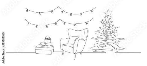 One continuous Line drawing of festive interior with armchair and christmas tree, gift boxes and garland. Modern cozy furniture for living room decor in simple linear style. Doodle vector illustration