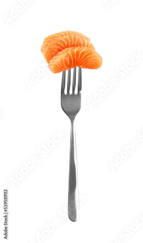 Salmon Fillet on Fork Isolated on White Background