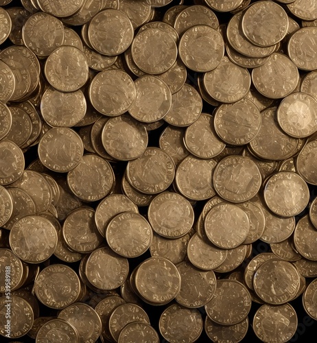 Illustration of a pile of slightly dented bronze coins of unknown or unidentifiable coinage