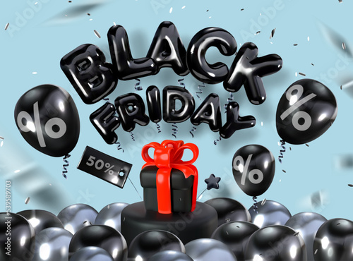 Black Friday. A podium with a gift surrounded by balls. Product discount. Store sale. Realistic 3d style. Vector illustration