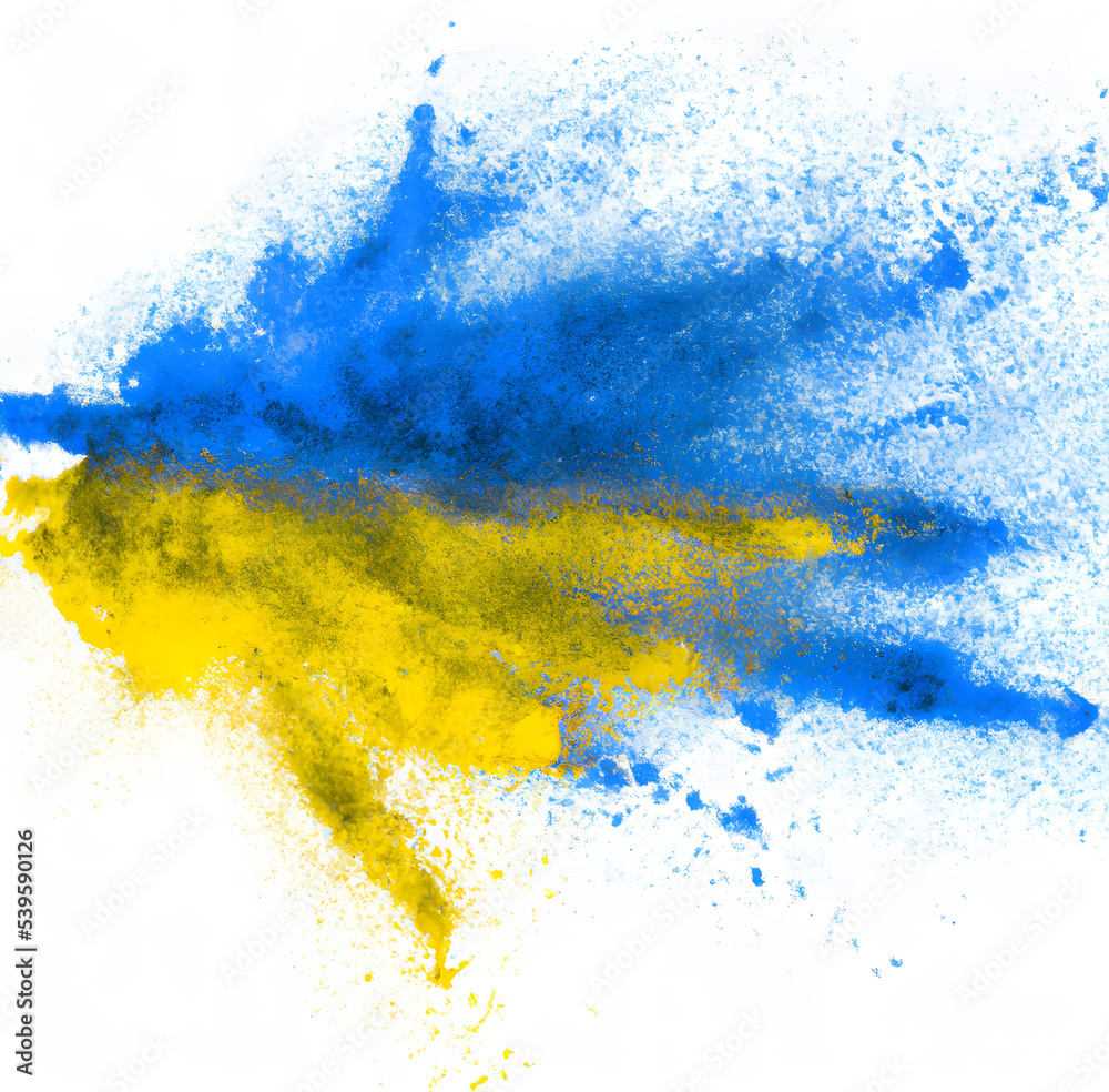 Illustration of colorful ukrainan flag yellow blue color holi paint powder explosion isolated on white background.