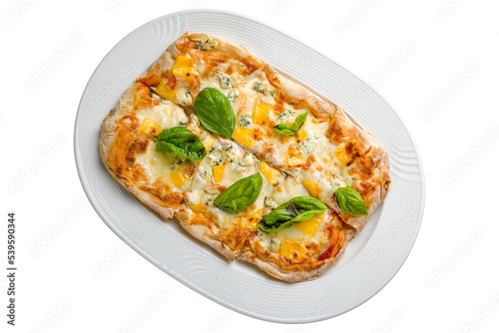 Roman pizza four cheeses on Roman dough, pinsa isolated on white background top view