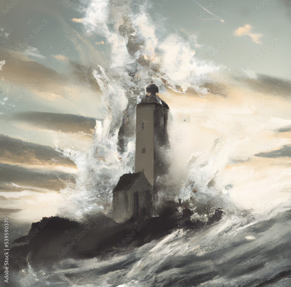Illustration of an old broken lighthouse overlooking a raging sea with big waves in the middle of a storm