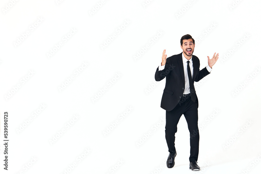 Man business smile with teeth in costume running and jumping up open mouth happiness and surprise full-length on white isolated background copy place Man business smile with teeth in costume running and jumping up open mouth happiness and surprise full-length on white isolated background copy place