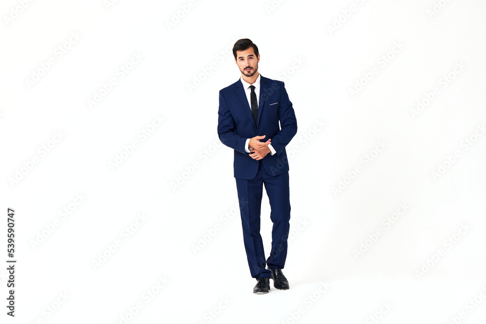 Man business smile with teeth in a suit business job walks open mouth happiness and surprise full-length on white isolated background copy space Man business smile with teeth in a suit business job walks open mouth happiness and surprise full-length on white isolated background copy space