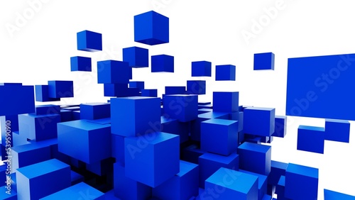 A set of many blue cubes that are collapsing under white lighting background. Conceptual 3D CG of blockchain  financial system and personal data analysis.