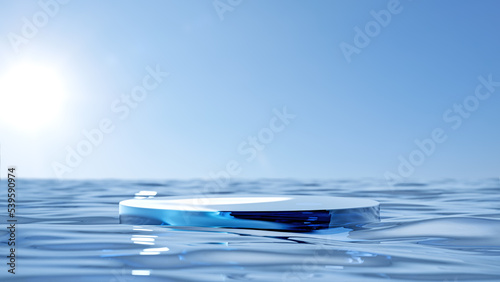 glass podium in the water for advertising products, blue sky with glare from the sun, sea waves. 3d rendering with copy space © Сергей Шиманович