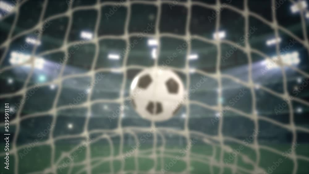 Football Stadium. The soccer ball flies into the net. 3d Animation. 03.