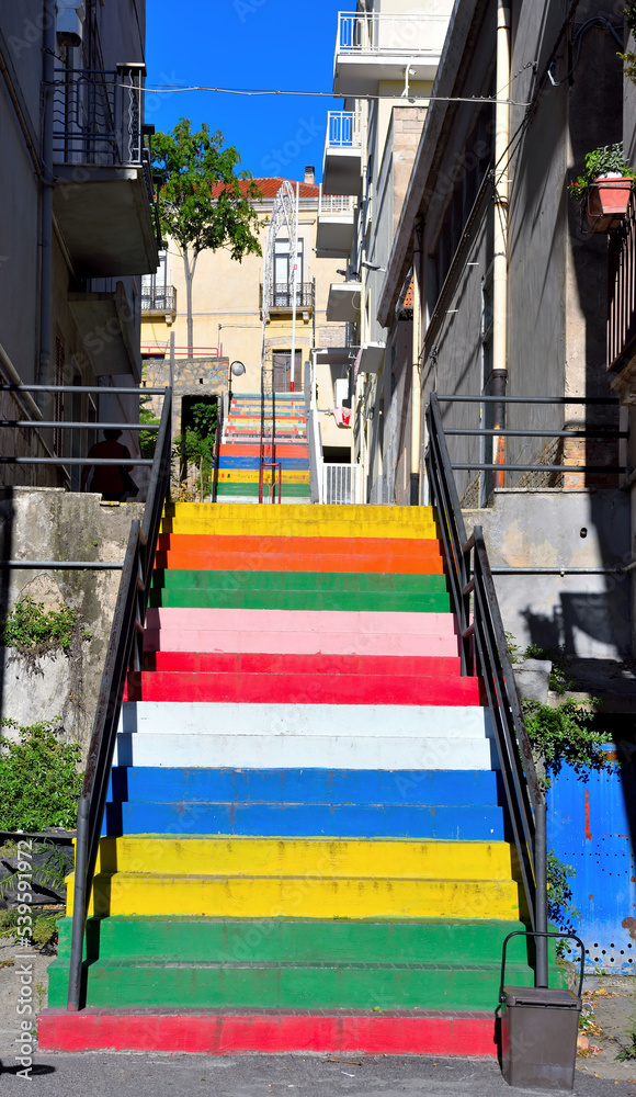 picturesque colored stairs in the historic center  Montalbano Jonico Basilicata Italy