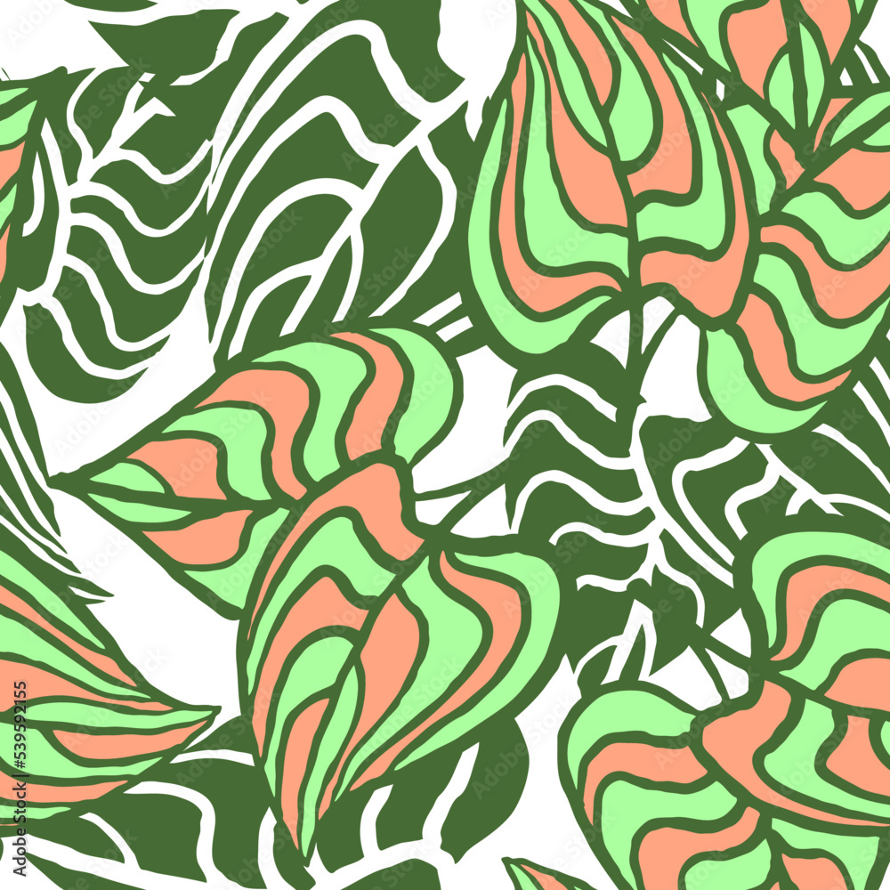 Fototapeta Nature seamless vector pattern with hand drawn twig, tree branch with leaves, tropical summer time. Ecological rural theme for poster print, wrapping paper, wallpaper, clothes textile, fabric design.