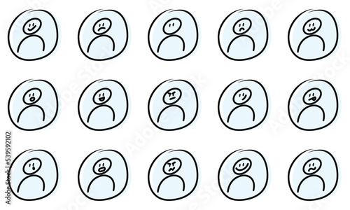 Conjunto de icono de avatar sobre círculo estilo dibujo a mano. Usuario, perfil. Ilustración vectorial