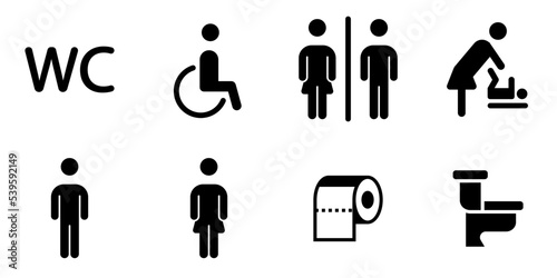 Conjunto de iconos de baño. Señales de aseo. Hombre, mujer, WC, discapacitado. Ilustración vectorial