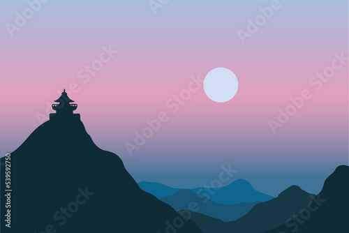 silhouette view of the temple on the mountain at sunset