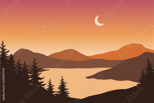 Rainforest landscape with river and mountains in the background