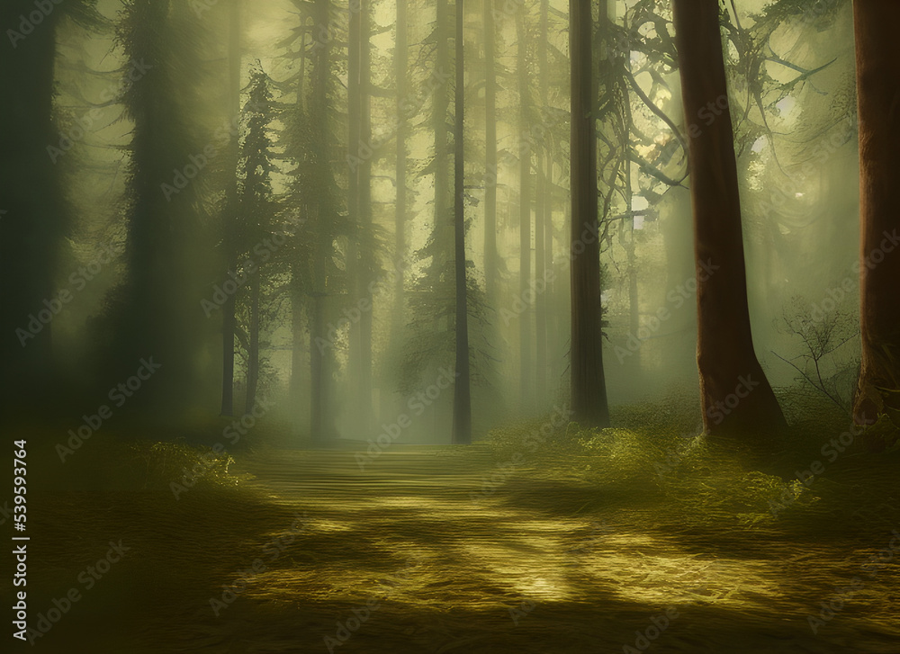 Obraz premium Sun Wood Sunlight Nature Tree Summer Pine Light Forest Fantasy Green Woodland Autumn Sunrise Misty Morning Path Foggy Landscape Trees Leaf Woods Fog Mist Dark