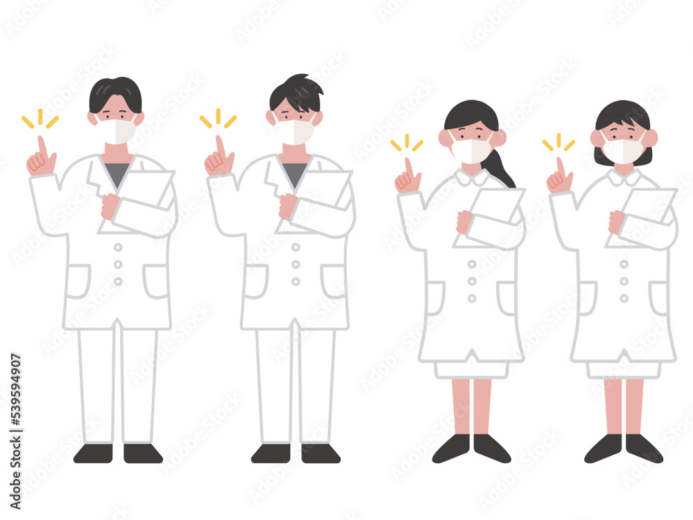 カルテを持って指差しをするマスクを付けた医療従事者のイラスト カルテを持って指差しをするマスクを付けた医療従事者のイラスト