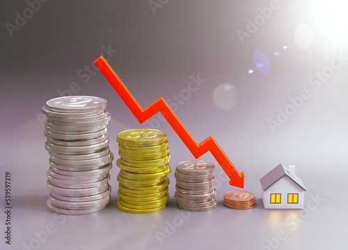 Crisis in the real estate market. Red graph of falling home prices. The fall in the value of private homeownership. Red arrow down, coins and house. 3D rendering