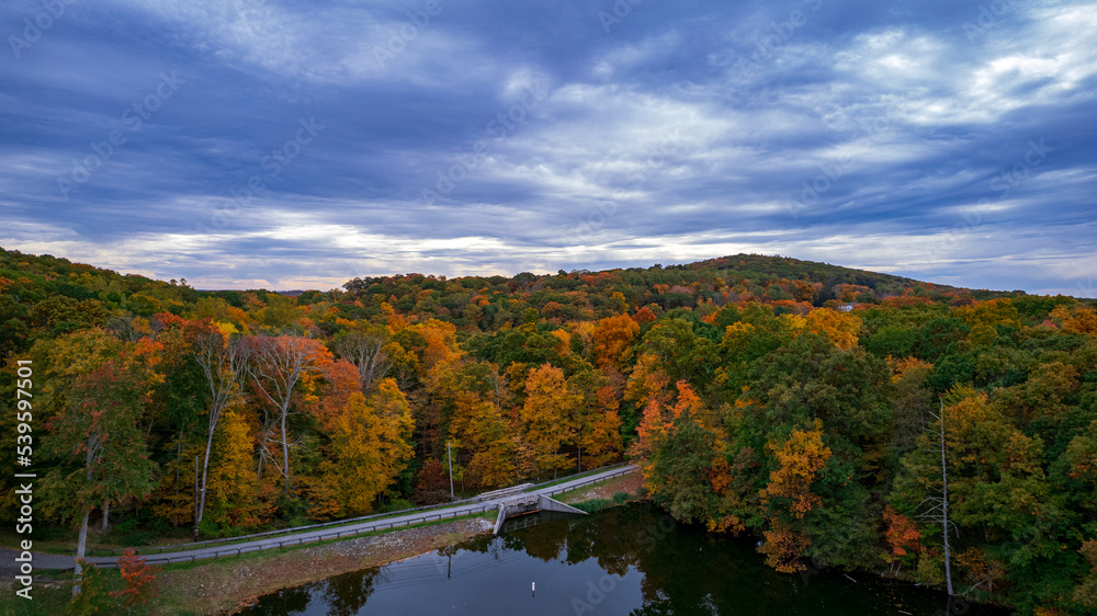 Colorful view of a park with a lake as the primary subject. Colorful view of a park with a lake as the primary subject.