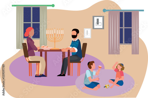 Quality family time during the holidays, an ultra-Orthodox Jewish father and mother sitting in front of a table with Hanukkah and donuts. And the children play in a spinning wheel on a carpet in a Jew