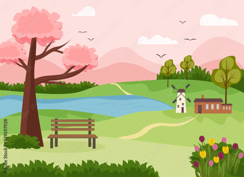 Print with rural landscape in springtime. House and mill, flowering trees and bushes, bench and lake. Vector drawing. For print and posters, packaging and covers, brochures, social media and web pages