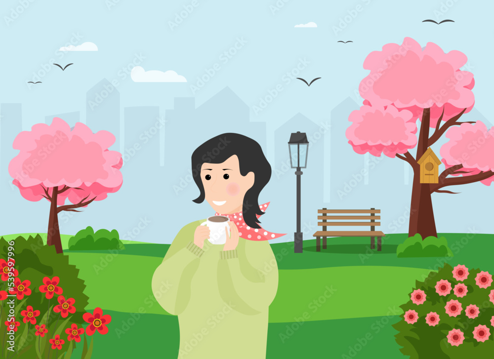 Postcard with spring rural landscape. Trees and flowers, fields and a river, houses and a mill. Vector drawing. For prints and posters, packaging and covers, flyers and brochures, social networks and Postcard with spring rural landscape. Trees and flowers, fields and a river, houses and a mill. Vector drawing. For prints and posters, packaging and covers, flyers and brochures, social networks and