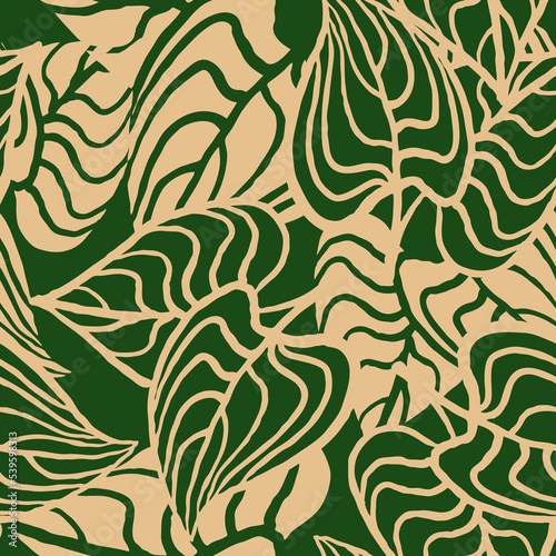 Nature seamless pattern with hand drawn twig, tree branch with leaves, tropical forest, summer time. Ecological rural theme for poster print, wrapping paper, wallpaper, clothes textile, fabric design.