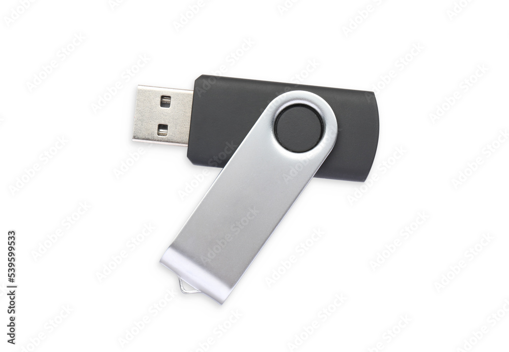 Modern usb flash drive isolated on white, top view