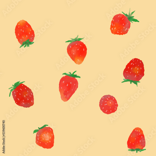 Fototapeta Naklejka Na Ścianę i Meble -  Strawberry  Water color illustration multiple fruits Yellow background 