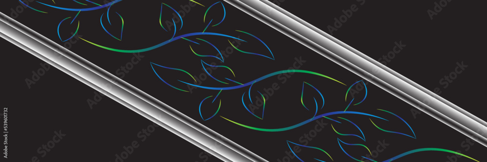 Fototapeta premium Abstract black background with blue and green leaves